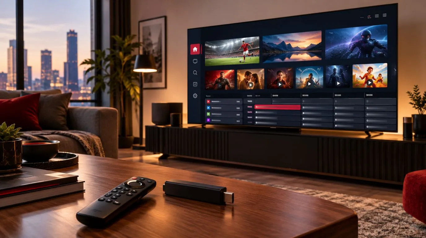 Best IPTV for Firestick setup with a streaming device, TV and remote in a modern living room
