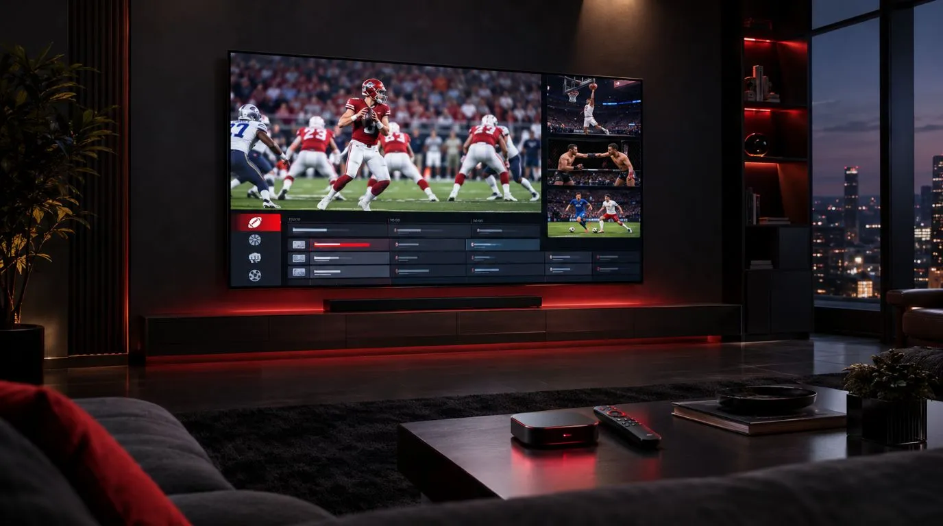 Premium living room setup showing IPTV sports viewing on a large television