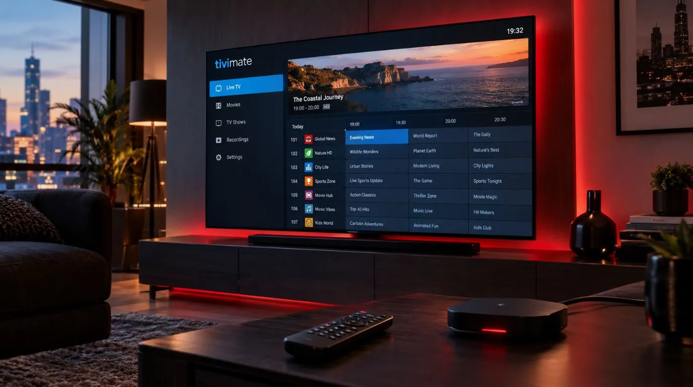 TiviMate IPTV Player displaying a live TV guide on a modern television