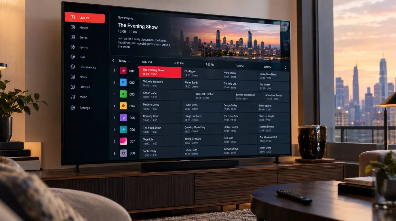 EPG IPTV guide displayed on a modern Smart TV with live channel schedules