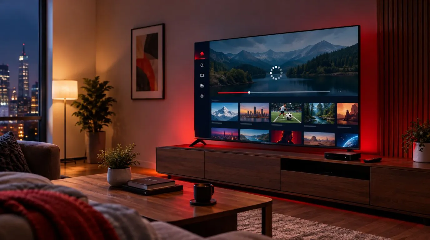 IPTV buffering fix shown on a smart TV with a temporarily loading stream