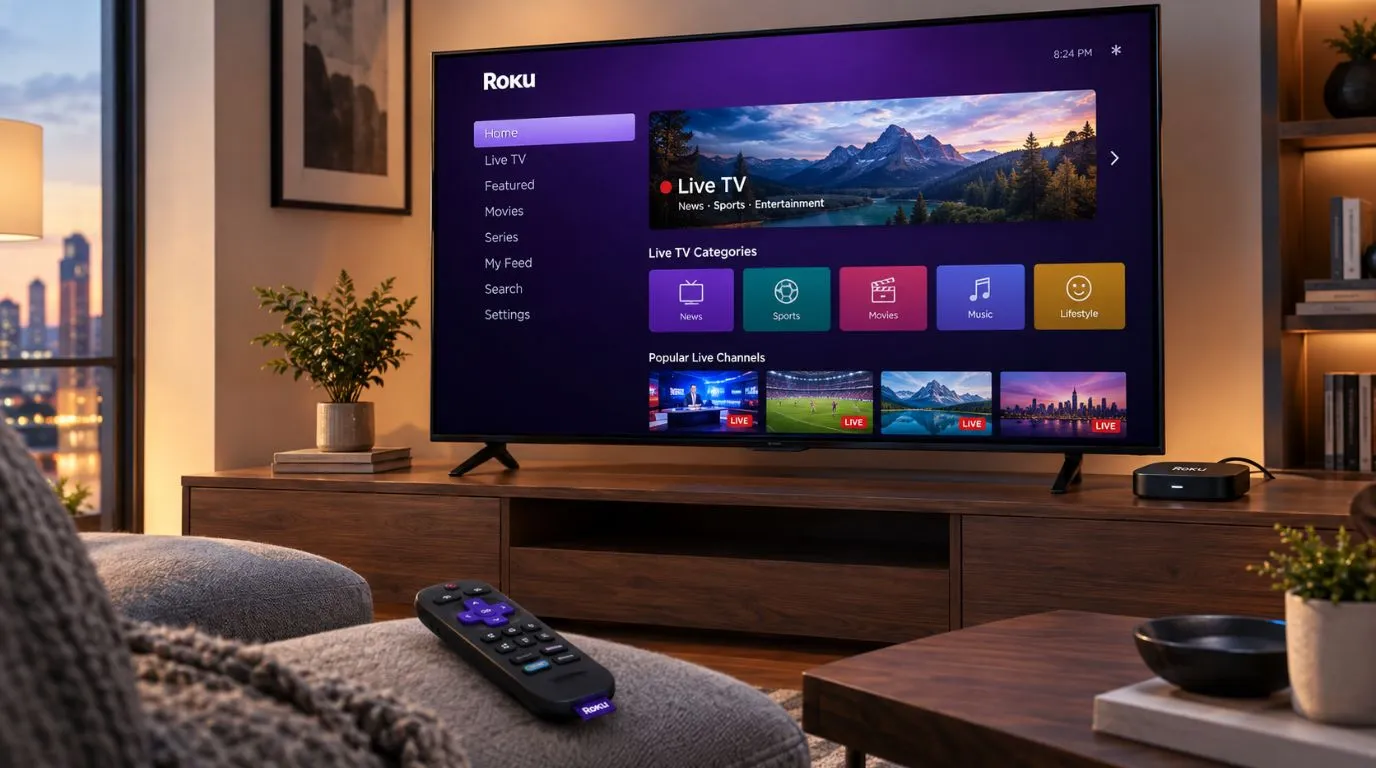 IPTV for Roku setup with a streaming device and live TV interface on a modern television