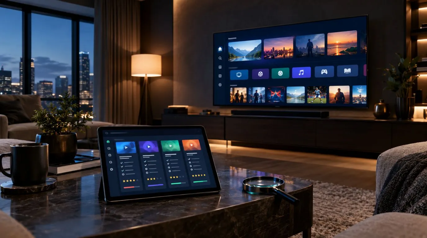 IPTV reviews comparison displayed across a TV and tablet