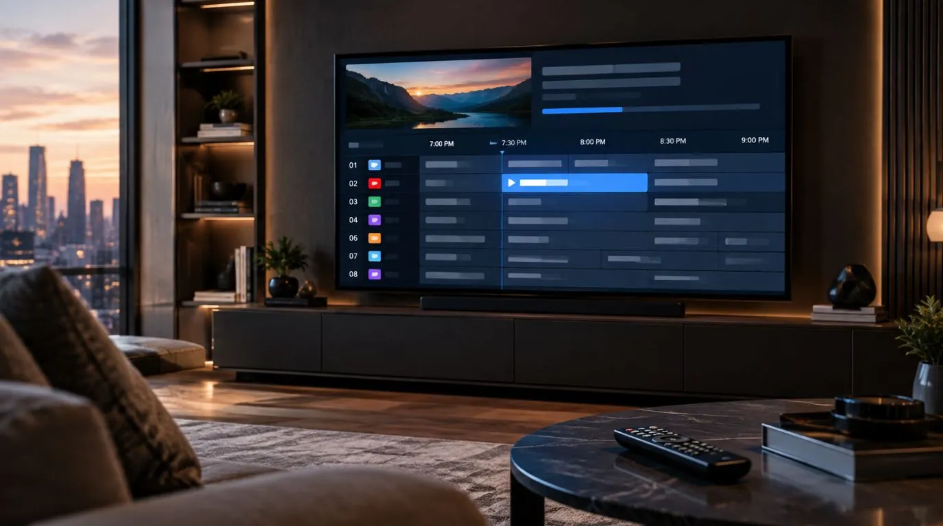 IPTV schedule and EPG guide displayed on a modern television