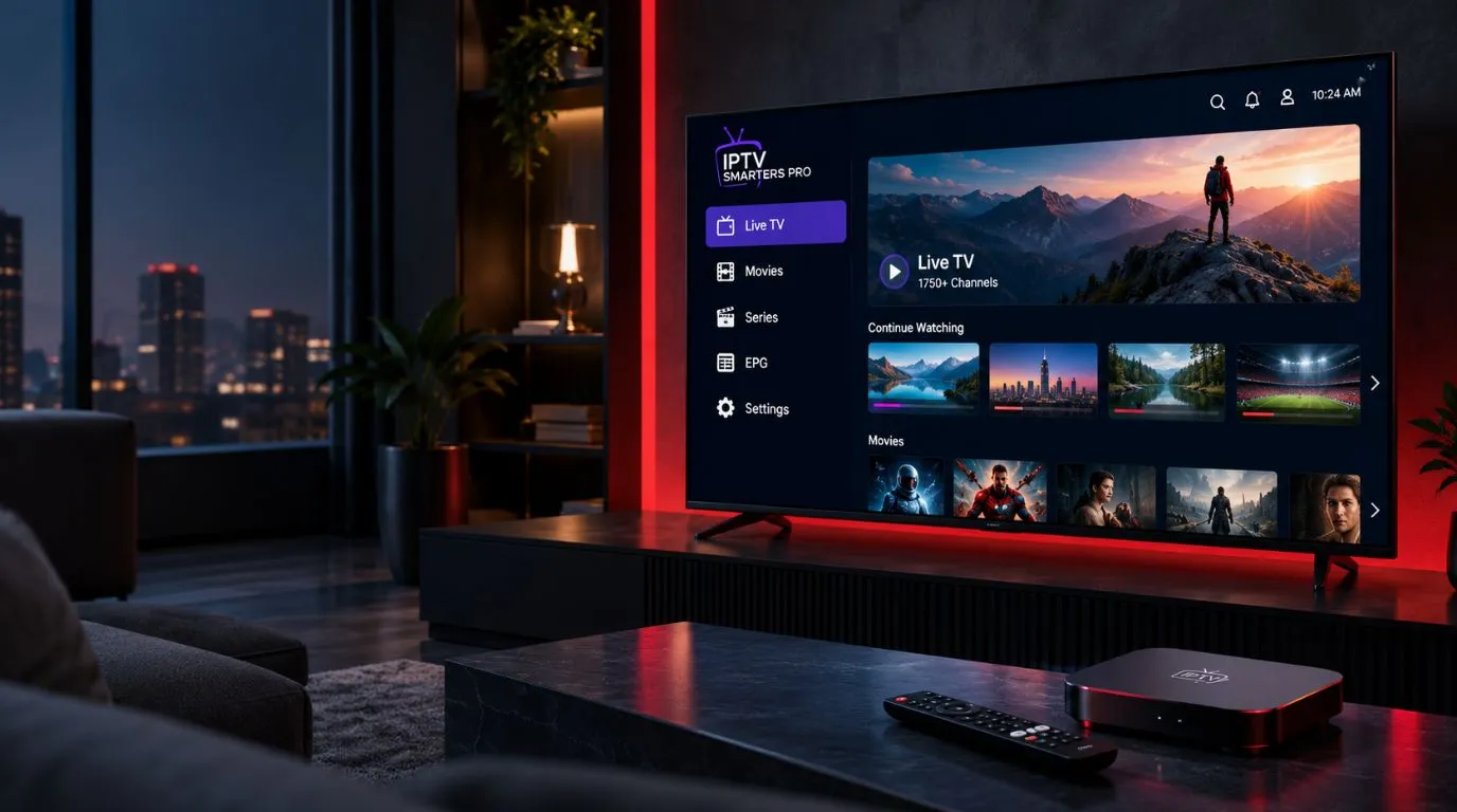 IPTV Smarters Pro interface displayed on a modern smart TV
