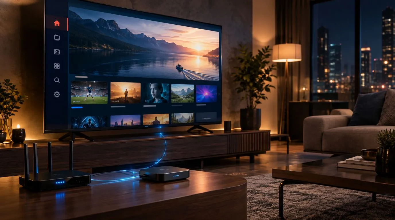 IPTV streaming setup with a smart TV, streaming device, and home Wi-Fi router