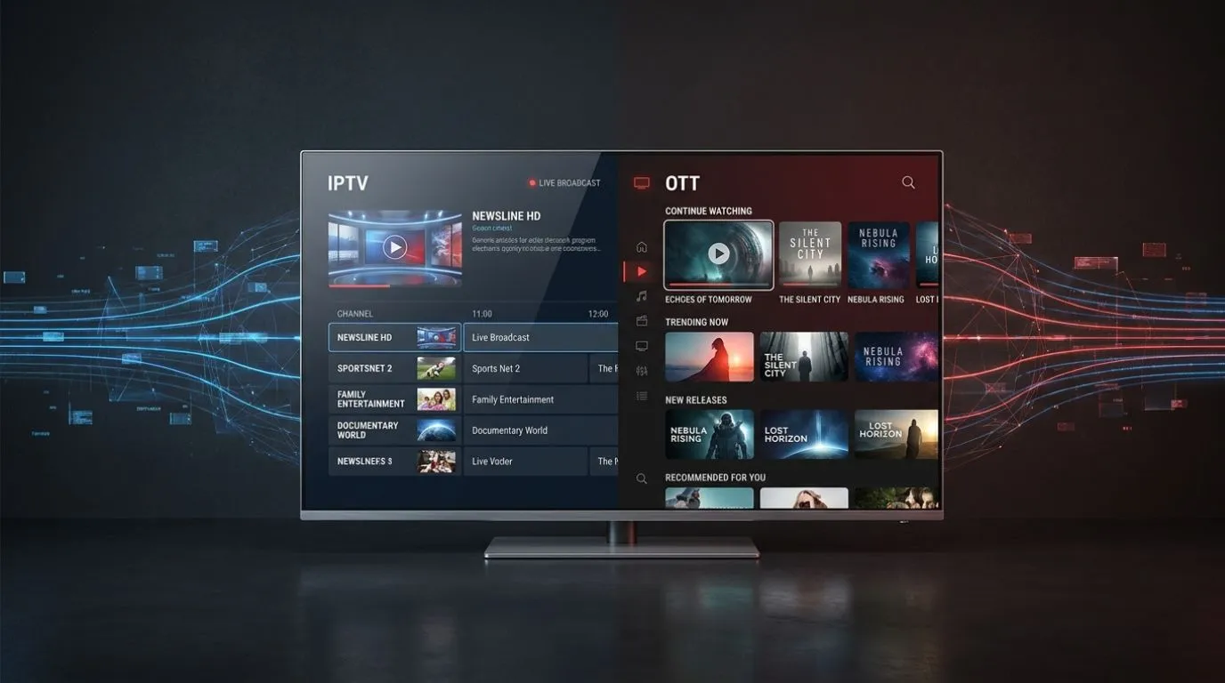 IPTV vs OTT comparison showing live TV and on-demand streaming on a modern Smart TV