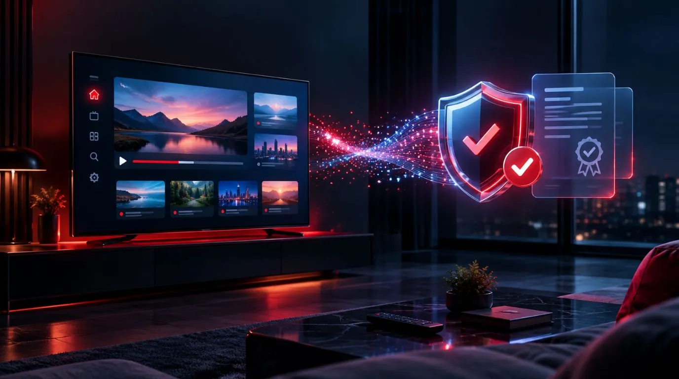 Premium IPTV streaming setup with a digital security shield representing legal and safe IPTV use